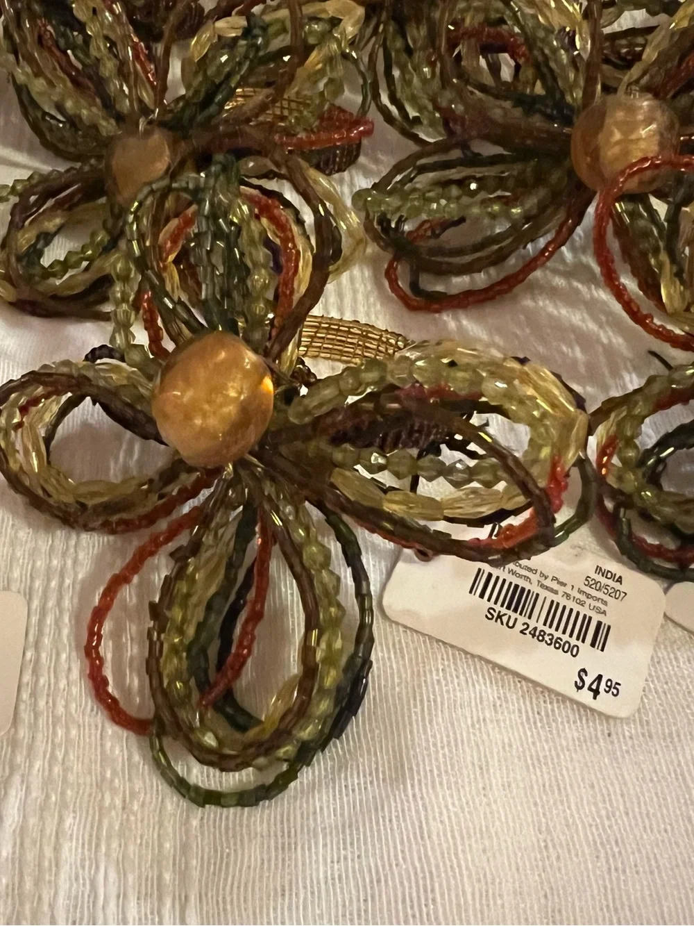 10 Pier 1 Beaded Floral Statement Napkin Rings Holders in Olive, Amber & Rust